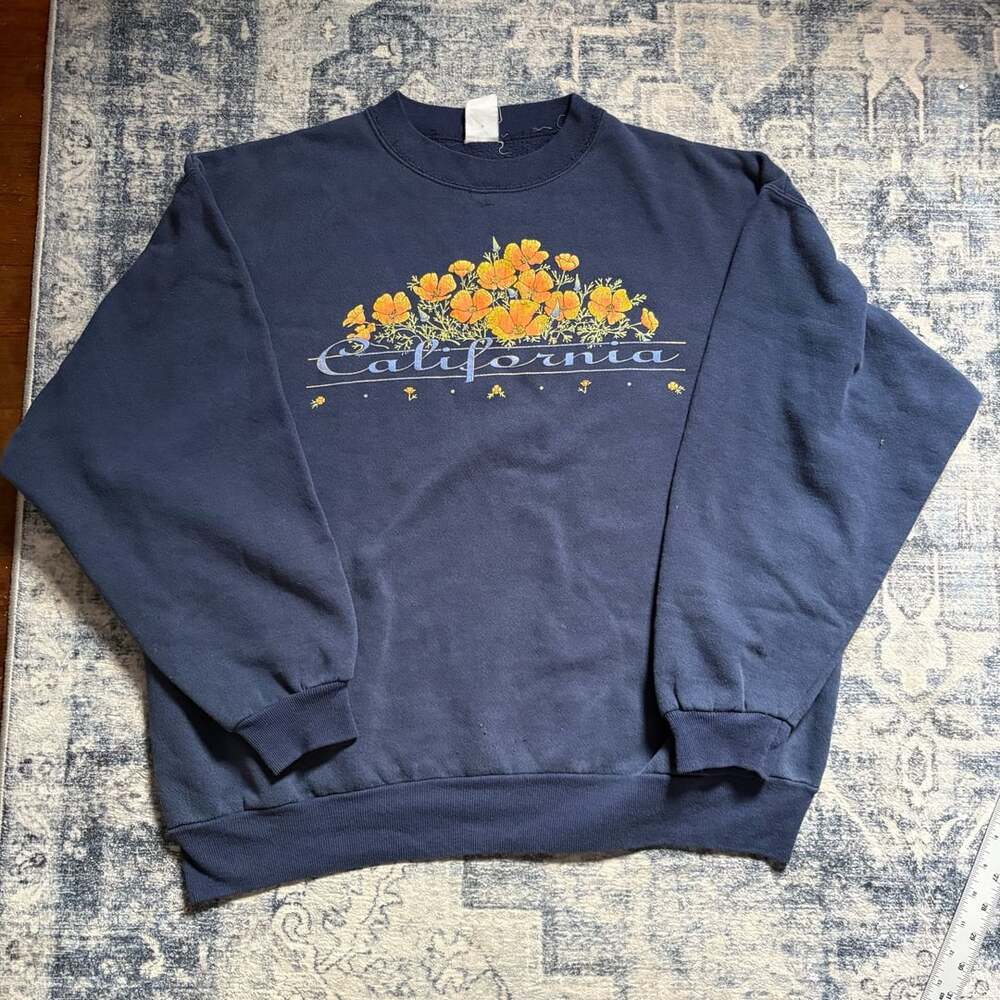 Vintage California Poppy Graphic Crewneck Sweatshirt Blue